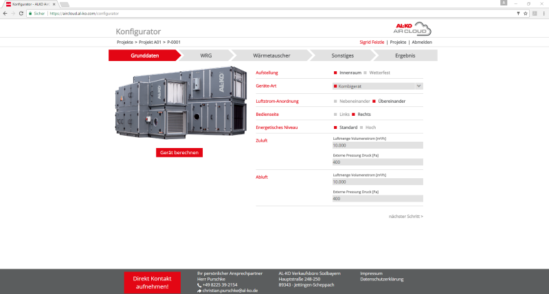 Webanwendung Al-ko Air cloud - Ansicht der Benutzeroberfläche