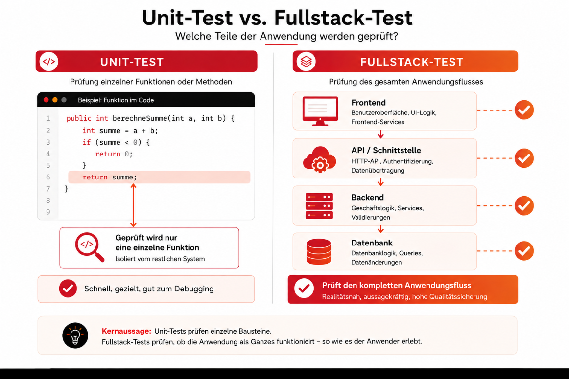 Diagramm über die genaueren Unterschiede zwischen Unit- und Fullstack-Tests
